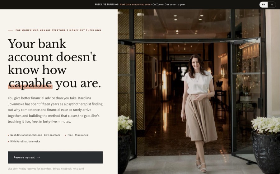 A finished offer page built live in one of Sabrina's sessions